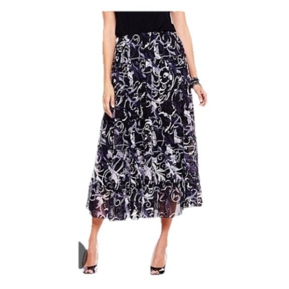 90s Antthony Tiered Midi Skirt Sz L Gray Black Chiffon Pull On Peasant Boho City